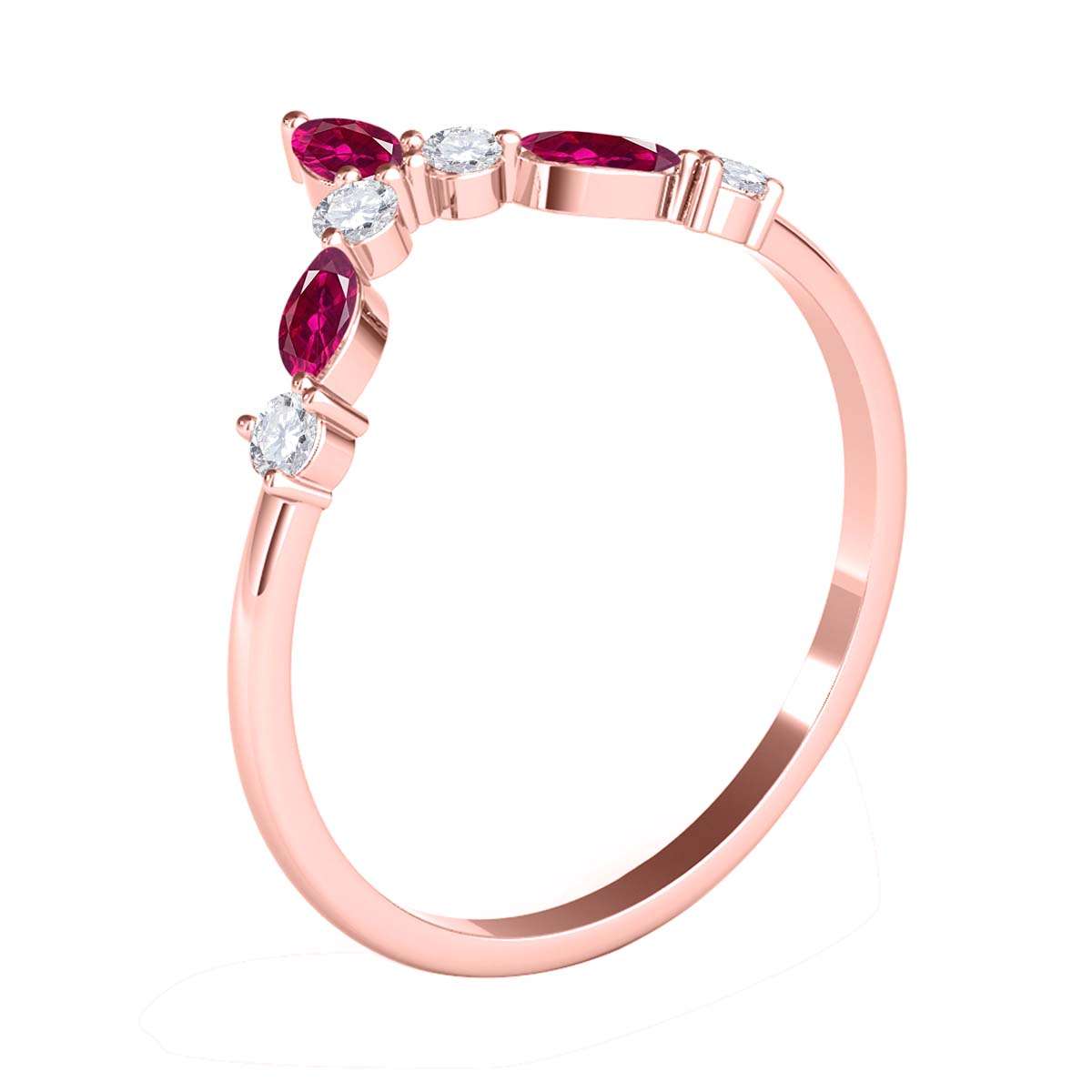 0.40 Carat Prong Set Natural Diamond & Marquise Shape Ruby Gemstone Wedding Band In 10K Rose White & Yellow Solid Gold Mauli Jewels