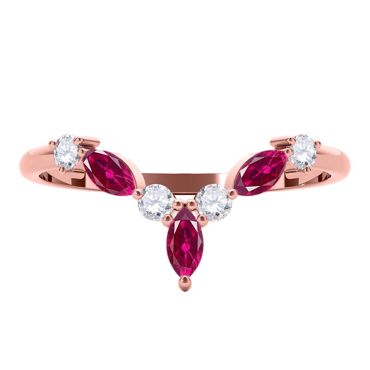 0.40 Carat Prong Set Natural Diamond & Marquise Shape Ruby Gemstone Wedding Band In 10K Rose White & Yellow Solid Gold Mauli Jewels