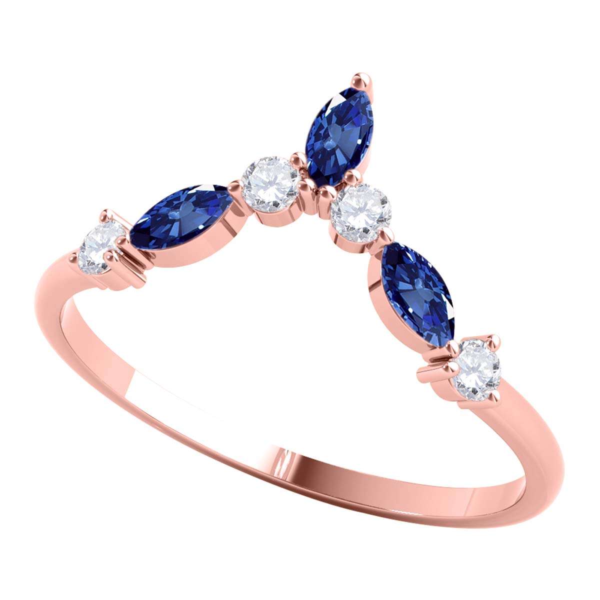 0.40 Carat Prong Set Natural Diamond & Marquise Shape Sapphire Gemstone Wedding Band In 10K Rose White & Yellow Solid Gold Mauli Jewels