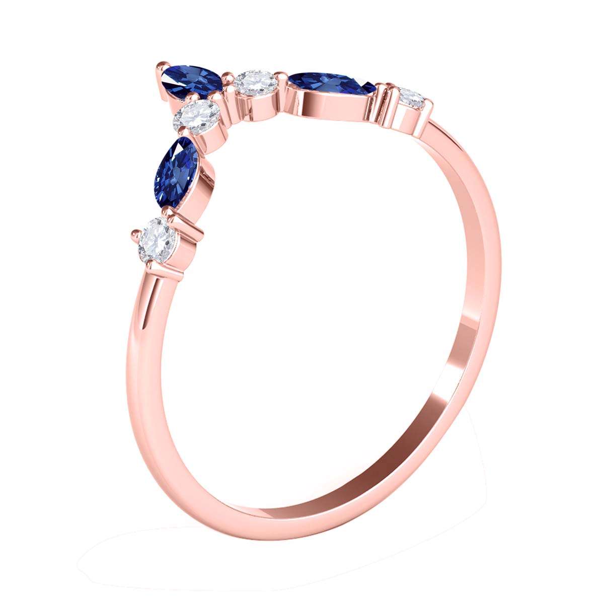 0.40 Carat Prong Set Natural Diamond & Marquise Shape Sapphire Gemstone Wedding Band In 10K Rose White & Yellow Solid Gold Mauli Jewels
