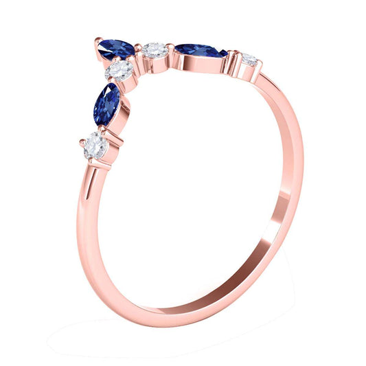 0.40 Carat Prong Set Natural Diamond & Marquise Shape Sapphire Gemstone Wedding Band In 10K Rose White & Yellow Solid Gold Mauli Jewels