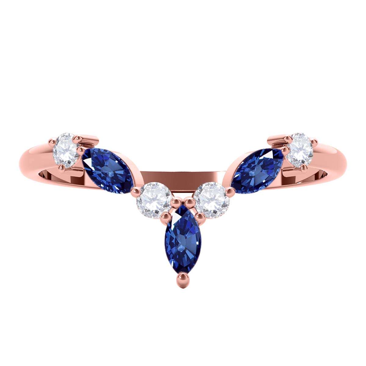 0.40 Carat Prong Set Natural Diamond & Marquise Shape Sapphire Gemstone Wedding Band In 10K Rose White & Yellow Solid Gold Mauli Jewels