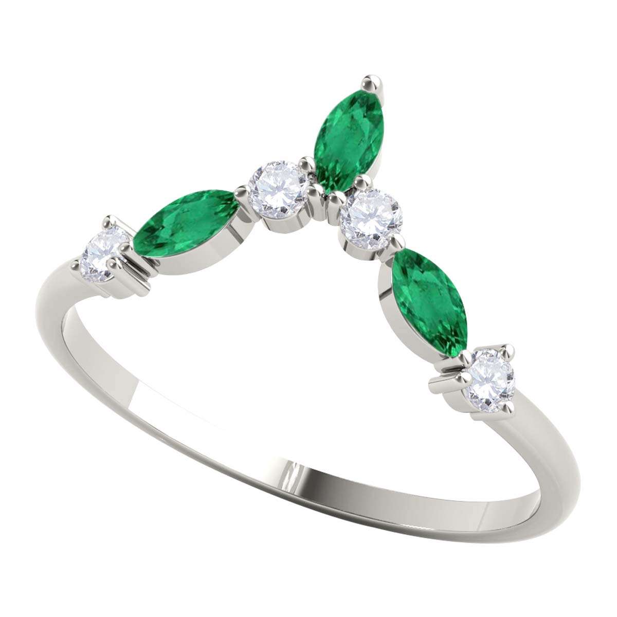 0.40 Carat Prong Set Natural Diamond & Marquise Shape Emerald Gemstone Wedding Band In 10K Rose White & Yellow Solid Gold Mauli Jewels