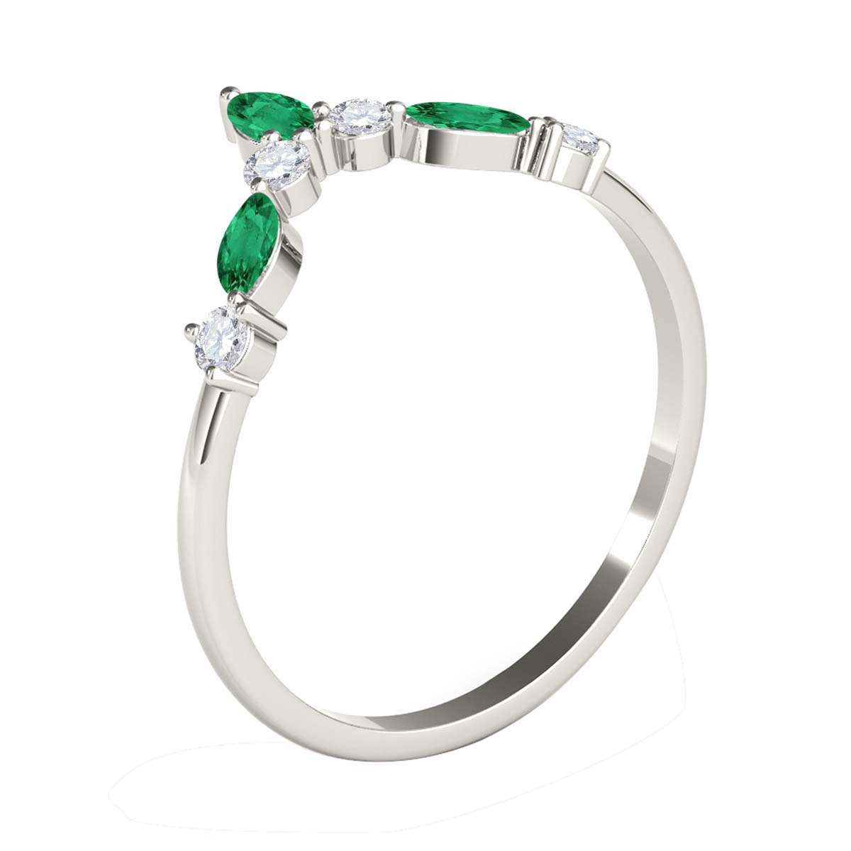 0.40 Carat Prong Set Natural Diamond & Marquise Shape Emerald Gemstone Wedding Band In 10K Rose White & Yellow Solid Gold Mauli Jewels