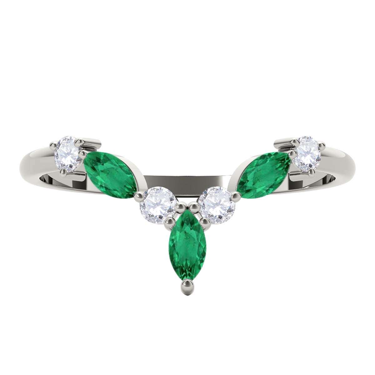 0.40 Carat Prong Set Natural Diamond & Marquise Shape Emerald Gemstone Wedding Band In 10K Rose White & Yellow Solid Gold Mauli Jewels