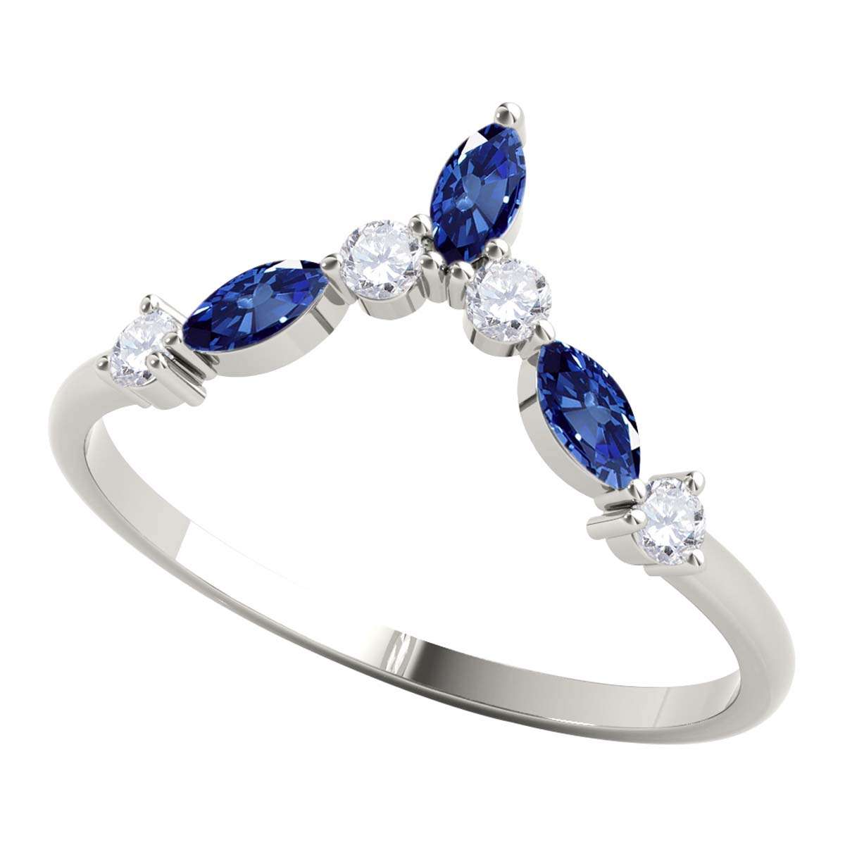 0.40 Carat Prong Set Natural Diamond & Marquise Shape Sapphire Gemstone Wedding Band In 10K Rose White & Yellow Solid Gold Mauli Jewels