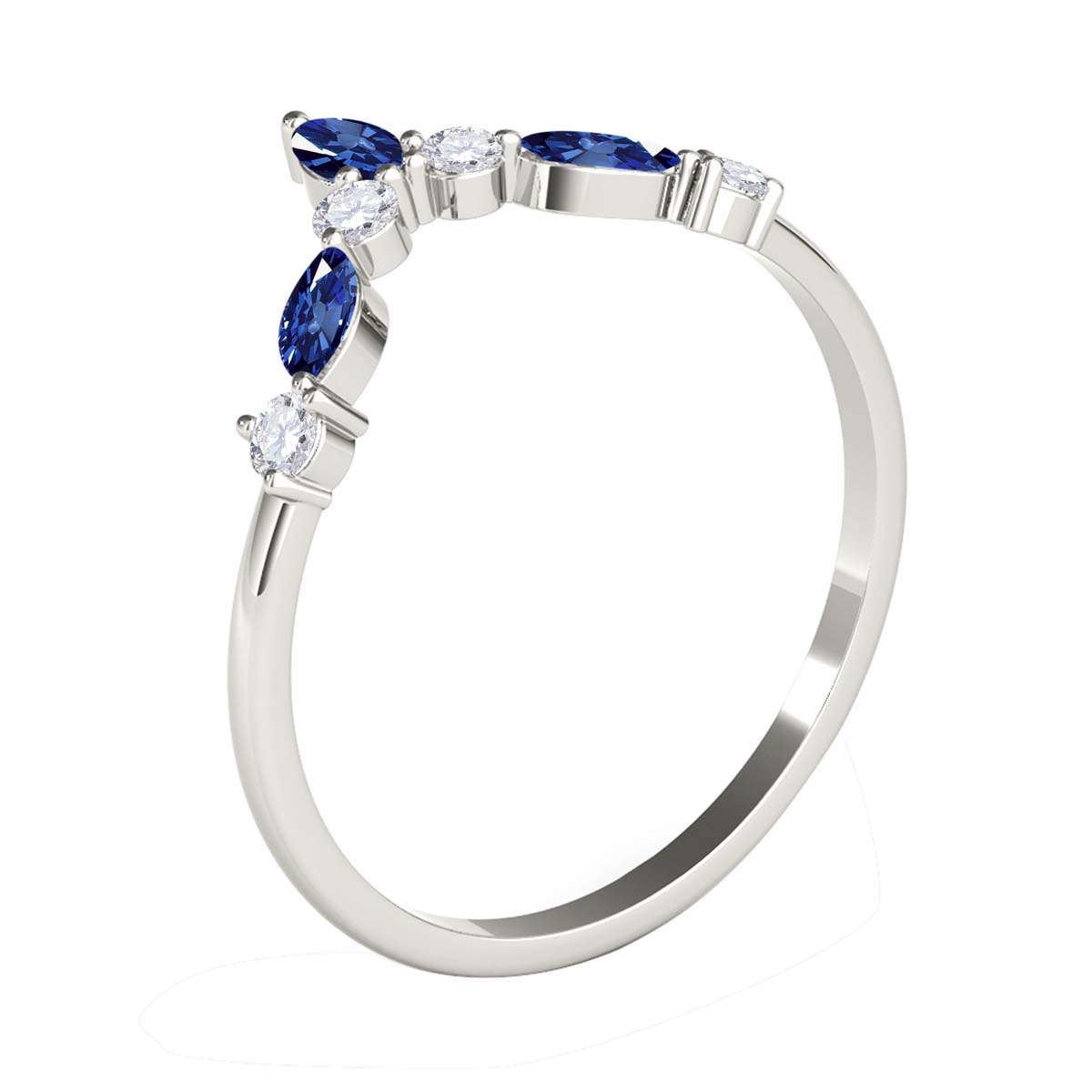 0.40 Carat Prong Set Natural Diamond & Marquise Shape Sapphire Gemstone Wedding Band In 10K Rose White & Yellow Solid Gold Mauli Jewels