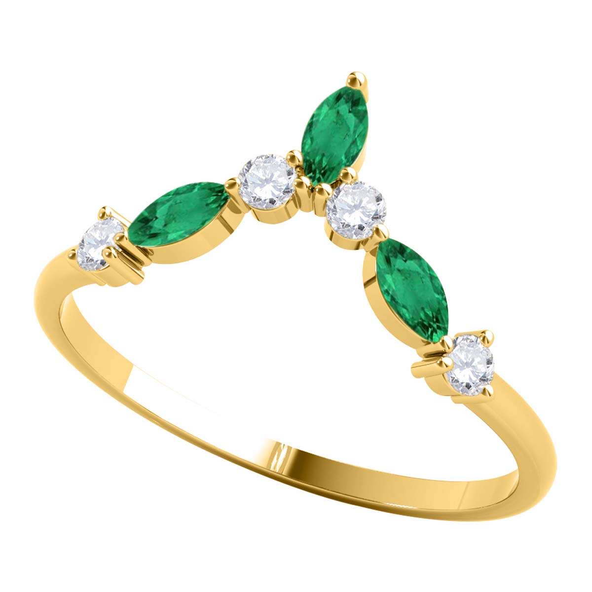 0.40 Carat Prong Set Natural Diamond & Marquise Shape Emerald Gemstone Wedding Band In 10K Rose White & Yellow Solid Gold Mauli Jewels