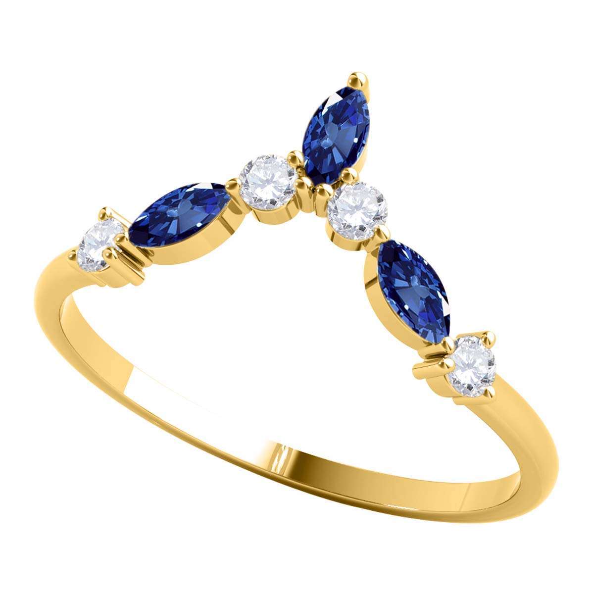 0.40 Carat Prong Set Natural Diamond & Marquise Shape Sapphire Gemstone Wedding Band In 10K Rose White & Yellow Solid Gold Mauli Jewels