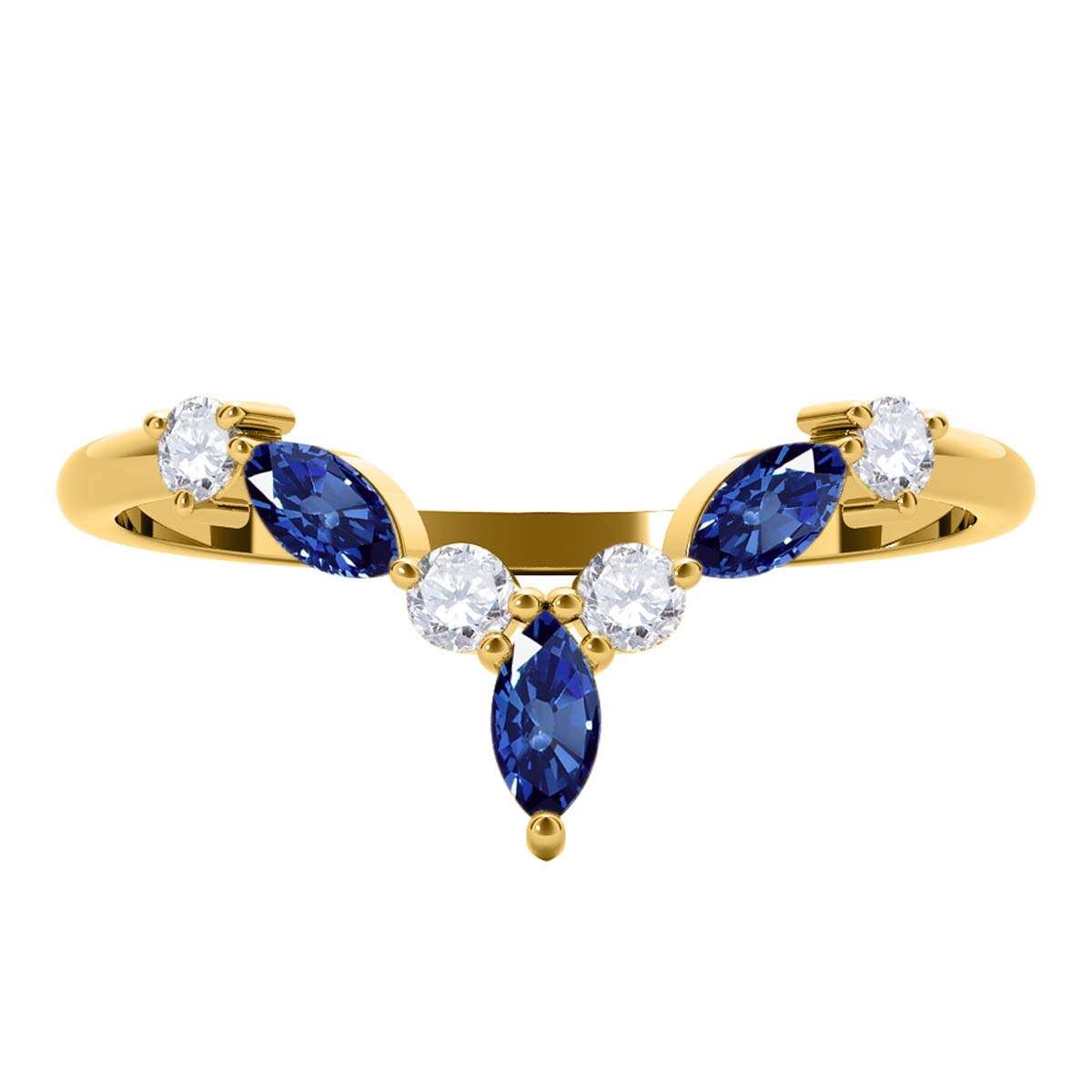 0.40 Carat Prong Set Natural Diamond & Marquise Shape Sapphire Gemstone Wedding Band In 10K Rose White & Yellow Solid Gold Mauli Jewels