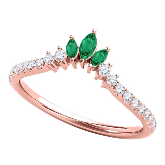 0.35 Carat Prong Set Natural Diamond & Marquise Shape Emerald Gemstone Wedding Band In 10K Rose White & Yellow Solid Gold Mauli Jewels