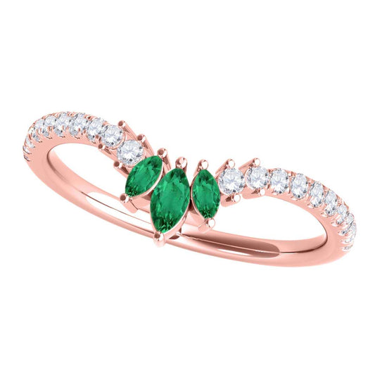 0.35 Carat Prong Set Natural Diamond & Marquise Shape Emerald Gemstone Wedding Band In 10K Rose White & Yellow Solid Gold Mauli Jewels