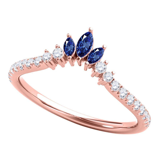 0.35 Carat Prong Set Natural Diamond & Marquise Shape Sapphire Gemstone Wedding Band in 10K Solid Rose, White & Yellow Gold Mauli Jewels
