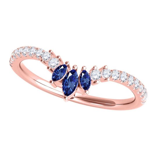 0.35 Carat Prong Set Natural Diamond & Marquise Shape Sapphire Gemstone Wedding Band in 10K Solid Rose, White & Yellow Gold Mauli Jewels