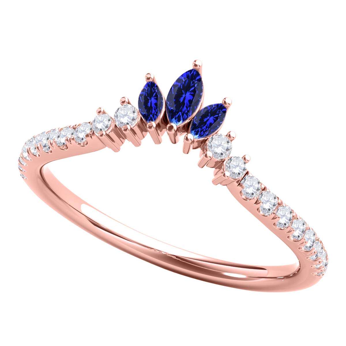 0.35 Carat Prong Set Natural Diamond & Marquise Shape Tanzanite Gemstone Wedding Band In 10K Rose White & Yellow Solid Gold Mauli Jewels