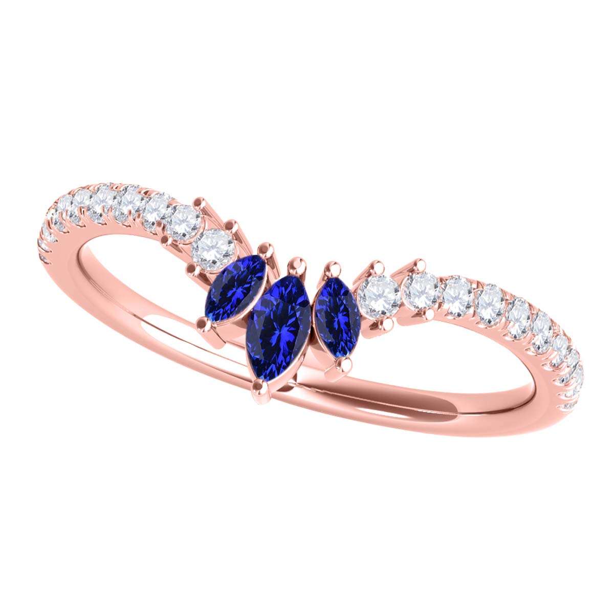 0.35 Carat Prong Set Natural Diamond & Marquise Shape Tanzanite Gemstone Wedding Band In 10K Rose White & Yellow Solid Gold Mauli Jewels