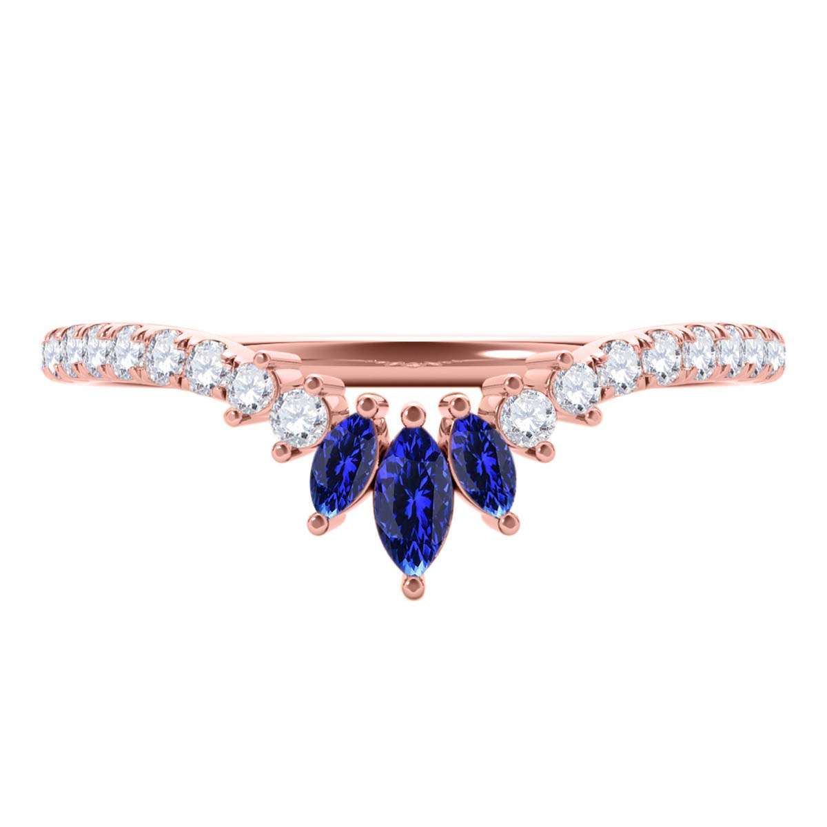0.35 Carat Prong Set Natural Diamond & Marquise Shape Tanzanite Gemstone Wedding Band In 10K Rose White & Yellow Solid Gold Mauli Jewels