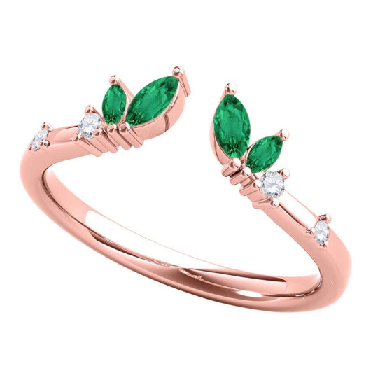0.25 Carat Prong Set Natural Diamond & Marquise Shape Emerald Gemstone Wedding Band In 10K Rose White & Yellow Solid Gold Mauli Jewels