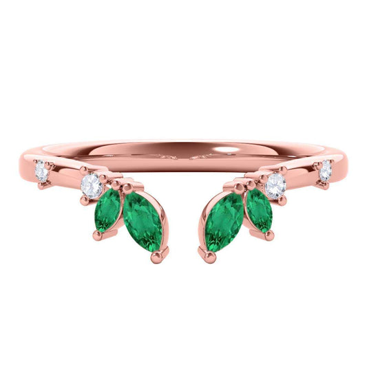 0.25 Carat Prong Set Natural Diamond & Marquise Shape Emerald Gemstone Wedding Band In 10K Rose White & Yellow Solid Gold Mauli Jewels