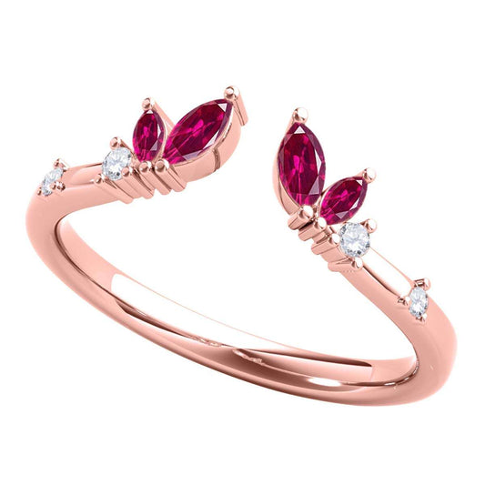 0.25 Carat Prong Set Natural Diamond & Marquise Shape Ruby Gemstone Wedding Band In 10K Rose White & Yellow Solid Gold Mauli Jewels