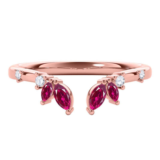 0.25 Carat Prong Set Natural Diamond & Marquise Shape Ruby Gemstone Wedding Band In 10K Rose White & Yellow Solid Gold Mauli Jewels