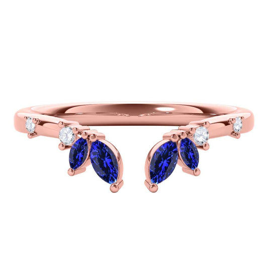 0.25 Carat Prong Set Natural Diamond & Marquise Shape Tanzanite Gemstone Wedding Band In 10K Rose White & Yellow Solid Gold Mauli Jewels