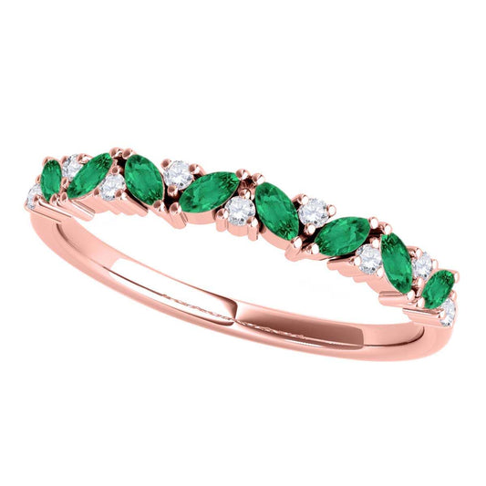 0.5 Carat Prong Set Natural Diamond & Marquise Shape Emerald Gemstone Wedding Band in 10K Rose, White & Yellow Solid Gold Mauli Jewels