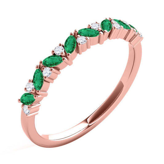 0.5 Carat Prong Set Natural Diamond & Marquise Shape Emerald Gemstone Wedding Band in 10K Rose, White & Yellow Solid Gold Mauli Jewels
