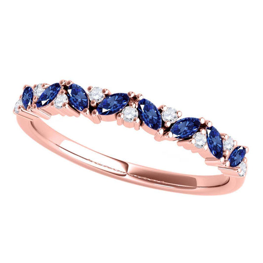 0.5 Carat Prong Set Natural Diamond & Marquise Shape Sapphire Gemstone Wedding Band In 10K Rose White & Yellow Solid Gold Mauli Jewels