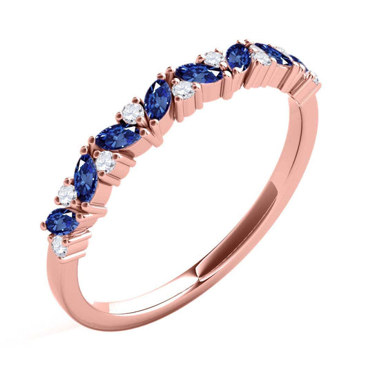0.5 Carat Prong Set Natural Diamond & Marquise Shape Sapphire Gemstone Wedding Band In 10K Rose White & Yellow Solid Gold Mauli Jewels