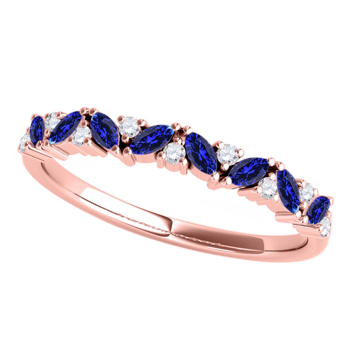 0.5 Carat Prong Set Natural Diamond & Marquise Shape Tanzanite Gemstone Wedding Band In 10K Rose White & Yellow Solid Gold Mauli Jewels