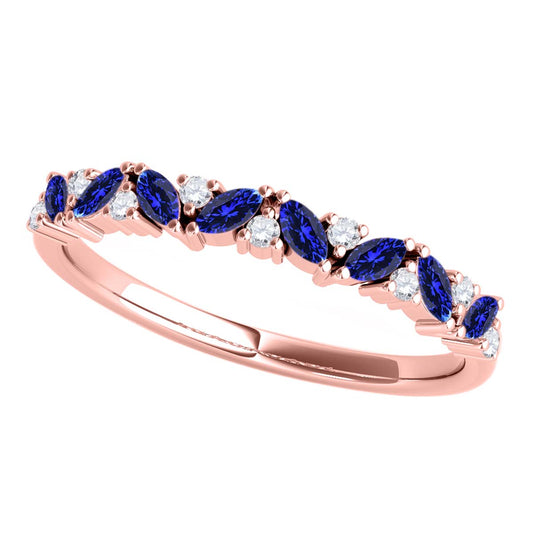 0.5 Carat Prong Set Natural Diamond & Marquise Shape Tanzanite Gemstone Wedding Band In 10K Rose White & Yellow Solid Gold Mauli Jewels