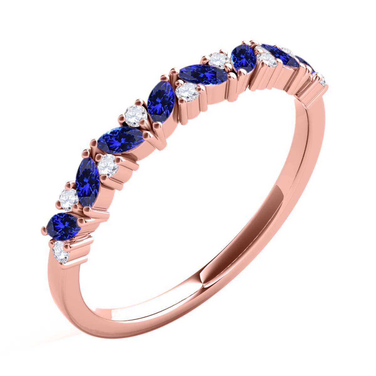 0.5 Carat Prong Set Natural Diamond & Marquise Shape Tanzanite Gemstone Wedding Band In 10K Rose White & Yellow Solid Gold Mauli Jewels