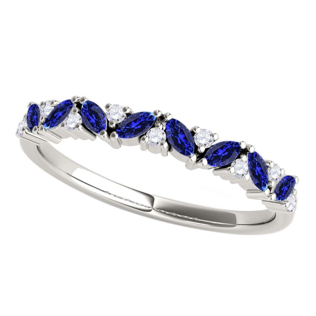0.5 Carat Prong Set Natural Diamond & Marquise Shape Tanzanite Gemstone Wedding Band In 10K Rose White & Yellow Solid Gold Mauli Jewels