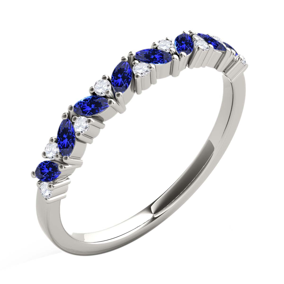 0.5 Carat Prong Set Natural Diamond & Marquise Shape Tanzanite Gemstone Wedding Band In 10K Rose White & Yellow Solid Gold Mauli Jewels