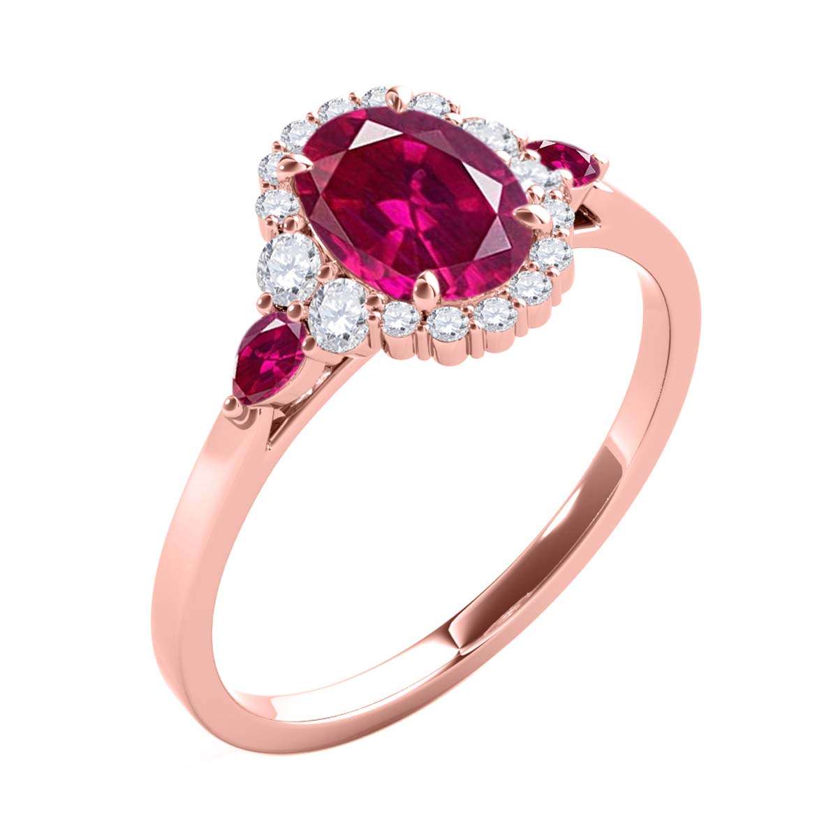 1.10 Carat Prong Set Natural Diamond & Oval Pear-Shaped Ruby Gemstone Ring in 10K Rose, White & Yellow Gold Mauli Jewels