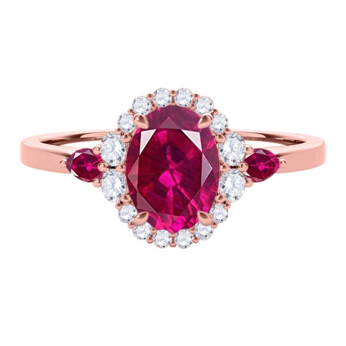 1.10 Carat Prong Set Natural Diamond & Oval Pear-Shaped Ruby Gemstone Ring in 10K Rose, White & Yellow Gold Mauli Jewels