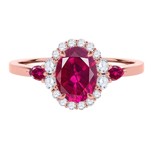 1.10 Carat Prong Set Natural Diamond & Oval Pear-Shaped Ruby Gemstone Ring in 10K Rose, White & Yellow Gold Mauli Jewels
