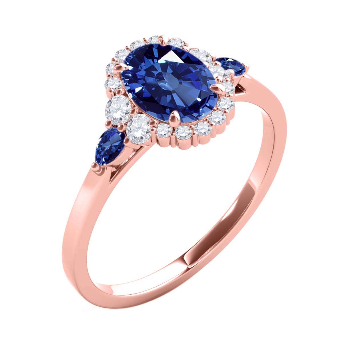 1.10 Carat Prong Set Natural Diamond & Oval Pear-Shaped Sapphire Gemstone Ring in 10K Rose, White & Yellow Gold Mauli Jewels