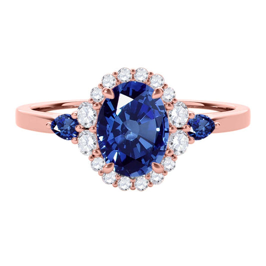 1.10 Carat Prong Set Natural Diamond & Oval Pear-Shaped Sapphire Gemstone Ring in 10K Rose, White & Yellow Gold Mauli Jewels