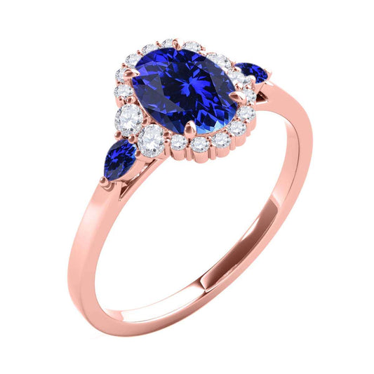 1.10 Carat Prong Set Natural Diamond & Oval Pear-Shaped Tanzanite Gemstone Ring in 10K Rose, White & Yellow Gold Mauli Jewels