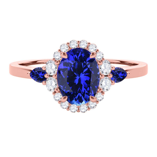 1.10 Carat Prong Set Natural Diamond & Oval Pear-Shaped Tanzanite Gemstone Ring in 10K Rose, White & Yellow Gold Mauli Jewels