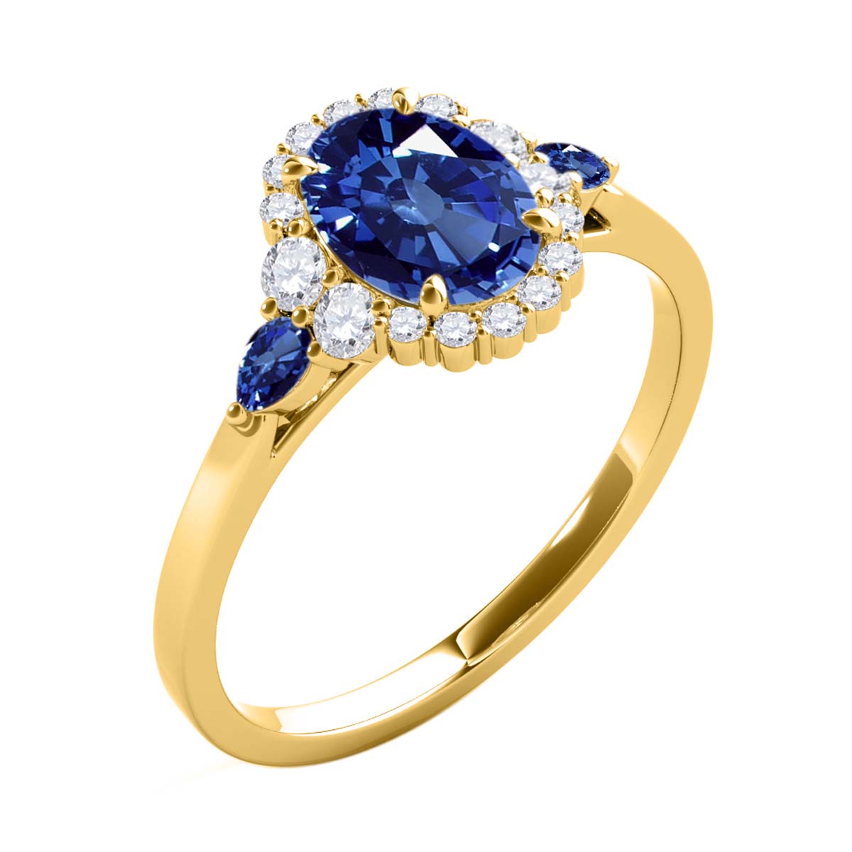 1.10 Carat Prong Set Natural Diamond & Oval Pear-Shaped Sapphire Gemstone Ring in 10K Rose, White & Yellow Gold Mauli Jewels