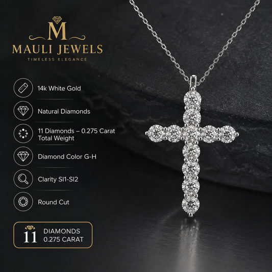 Mauli Jewels 14K Hypoallergenic White Gold Natural Diamond Cross Pendant Necklace for Women, 1/4 Carat Total Weight, GH Color SI1-SI2 Clarity, 11 Round Diamonds