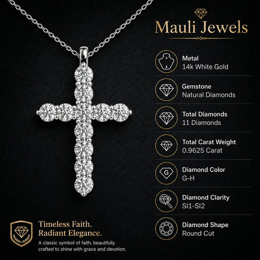 Mauli Jewels 14K Hypoallergenic White Gold Natural Diamond Cross Pendant Necklace for Women, 1.00 Carat Total Weight, GH Color SI1-SI2 Clarity, 11 Diamond Cross Pendant