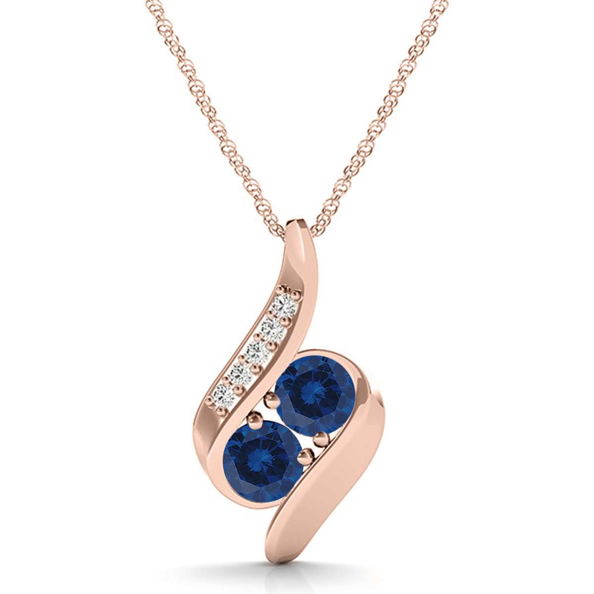 1.00 Carat Two Stone Sapphire And White Diamond Pendant Necklace For Women In 14K Rose White & Yellow Gold With 18" Box Chain Mauli Jewels