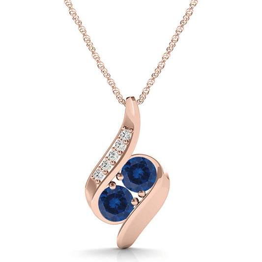 1.00 Carat Two Stone Sapphire And White Diamond Pendant Necklace For Women In 14K Rose White & Yellow Gold With 18" Box Chain Mauli Jewels
