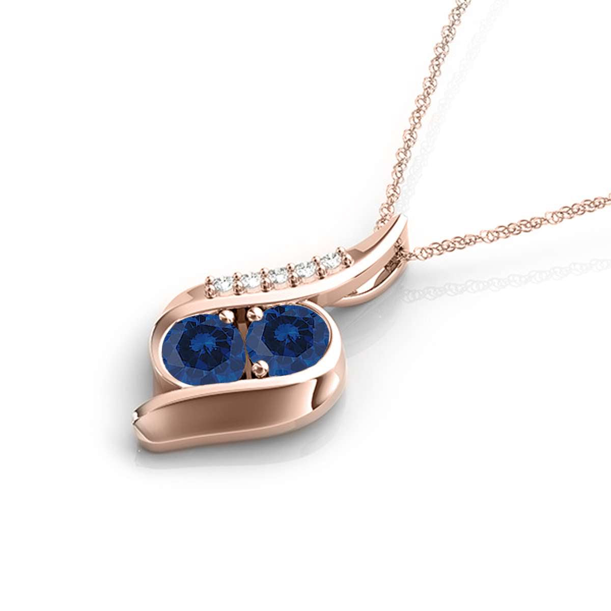 1.00 Carat Two Stone Sapphire And White Diamond Pendant Necklace For Women In 14K Rose White & Yellow Gold With 18" Box Chain Mauli Jewels