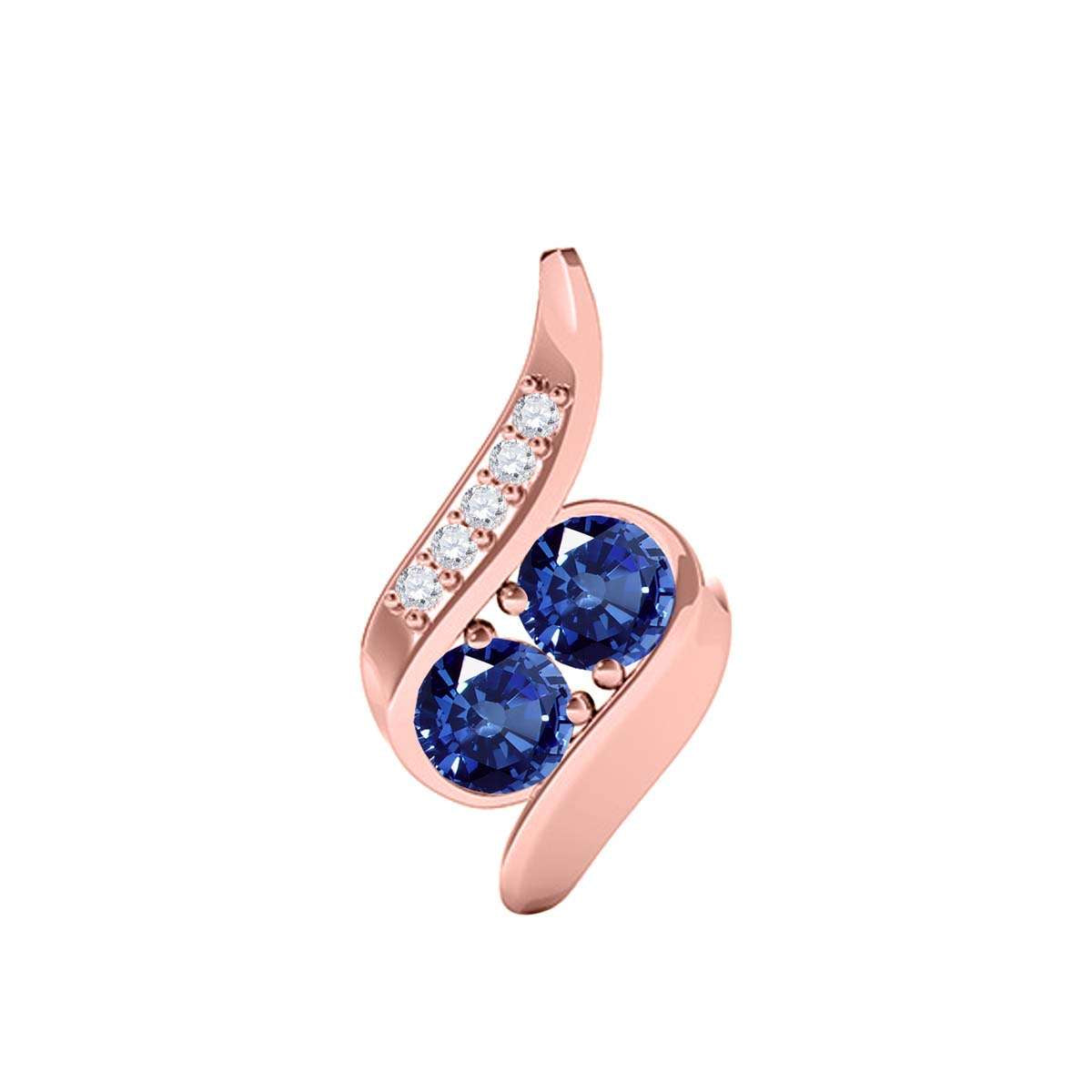 1.00 Carat Two Stone Sapphire And White Diamond Pendant Necklace For Women In 14K Rose White & Yellow Gold With 18" Box Chain Mauli Jewels