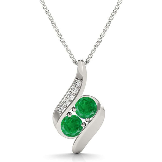 1.00 Carat Two Stone Emerald & Diamond Gemstone Pendant In 14K White / Rose & Yellow Gold With 18'' Box Chain Mauli Jewels